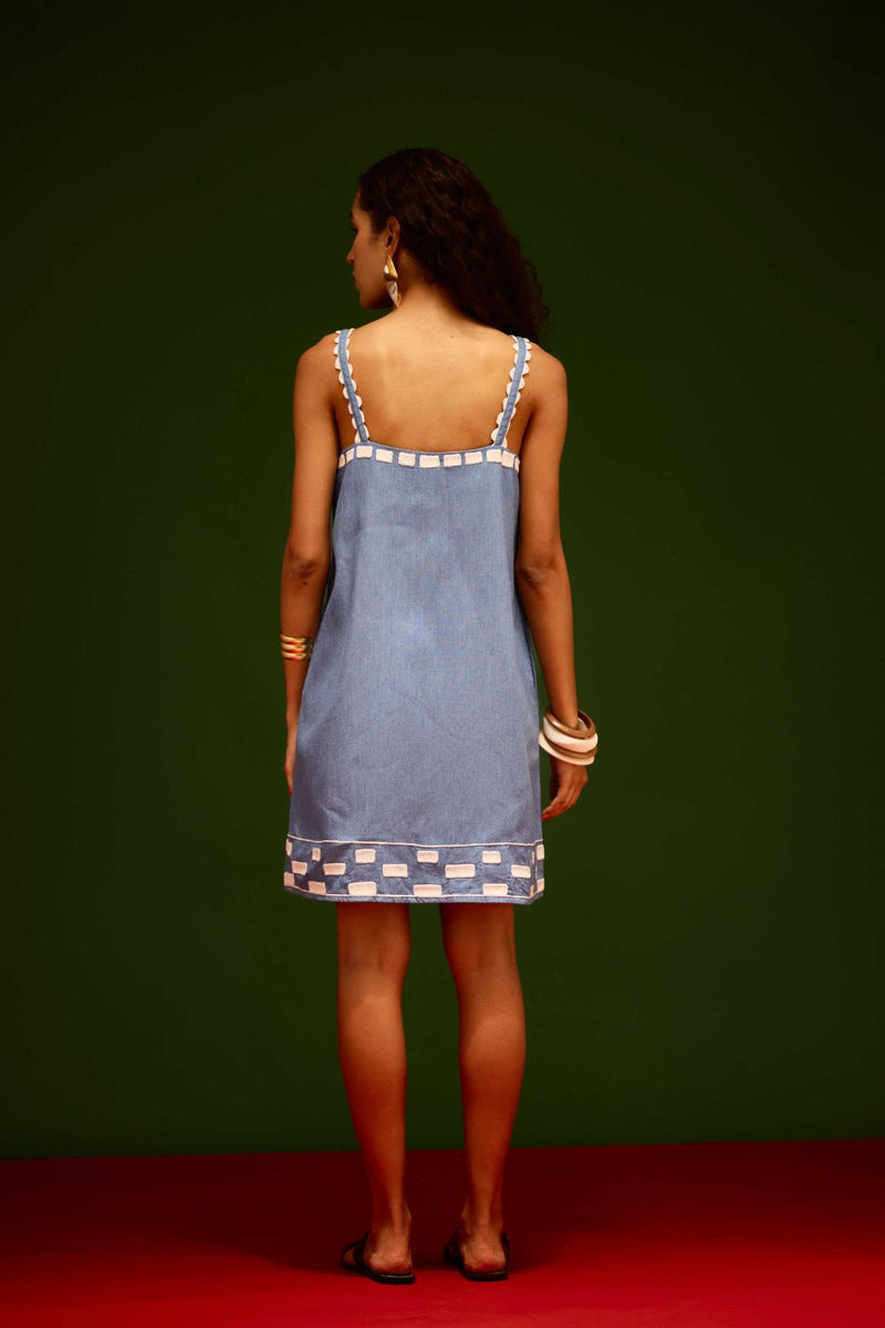 Denim Blue Strappy Cotton Shift Dress With Ivory Garden Thread Embroidery Buy Denim Blue Strappy Cotton Shift Dress With Ivory Garden Thread Embroidery from C&W | Dresses for Women by Indian Summer Story in blue color for women in Singapore