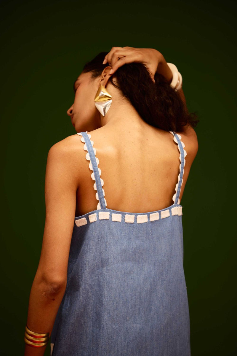 Denim Blue Strappy Cotton Shift Dress With Ivory Garden Thread Embroidery Buy Denim Blue Strappy Cotton Shift Dress With Ivory Garden Thread Embroidery from C&W | Dresses for Women by Indian Summer Story in blue color for women in Singapore