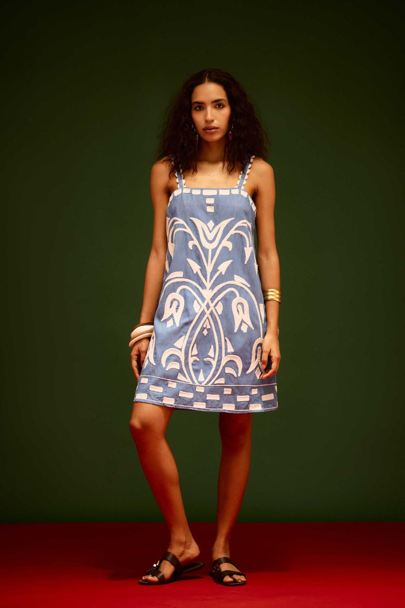 Denim Blue Strappy Cotton Shift Dress With Ivory Garden Thread Embroidery Buy Denim Blue Strappy Cotton Shift Dress With Ivory Garden Thread Embroidery from C&W | Dresses for Women by Indian Summer Story in blue color for women in Singapore