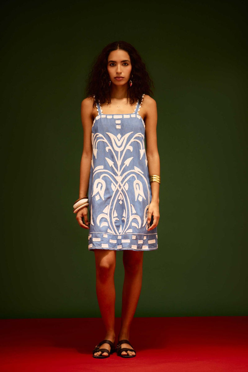 Denim Blue Strappy Cotton Shift Dress With Ivory Garden Thread Embroidery Buy Denim Blue Strappy Cotton Shift Dress With Ivory Garden Thread Embroidery from C&W | Dresses for Women by Indian Summer Story in blue color for women in Singapore
