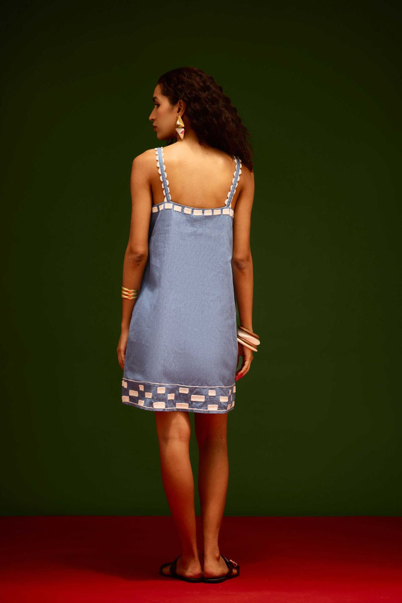 Denim Blue Strappy Cotton Shift Dress With Ivory Garden Thread Embroidery Buy Denim Blue Strappy Cotton Shift Dress With Ivory Garden Thread Embroidery from C&W | Dresses for Women by Indian Summer Story in blue color for women in Singapore