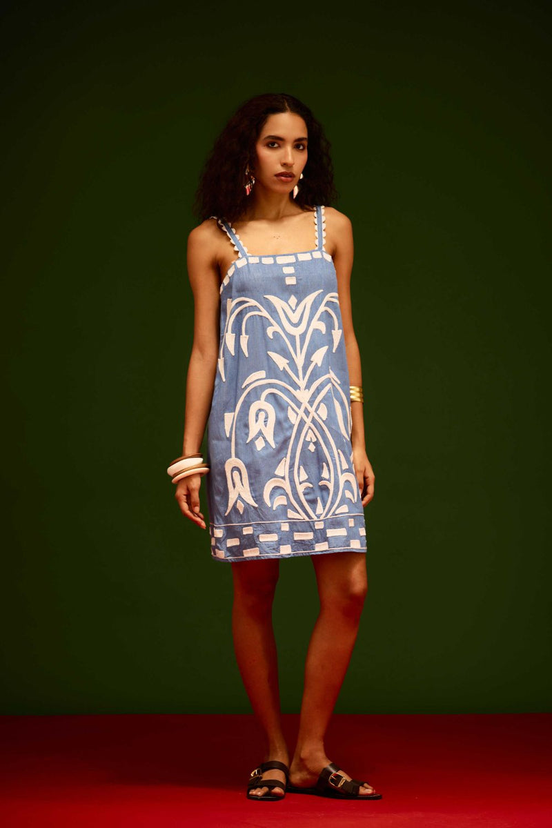 Denim Blue Strappy Cotton Shift Dress With Ivory Garden Thread Embroidery Buy Denim Blue Strappy Cotton Shift Dress With Ivory Garden Thread Embroidery from C&W | Dresses for Women by Indian Summer Story in blue color for women in Singapore