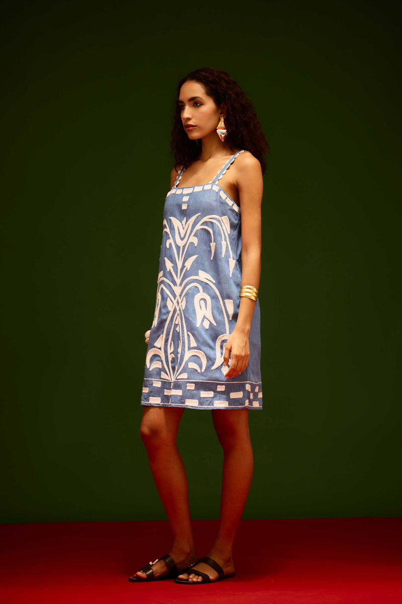 Denim Blue Strappy Cotton Shift Dress With Ivory Garden Thread Embroidery Buy Denim Blue Strappy Cotton Shift Dress With Ivory Garden Thread Embroidery from C&W | Dresses for Women by Indian Summer Story in blue color for women in Singapore