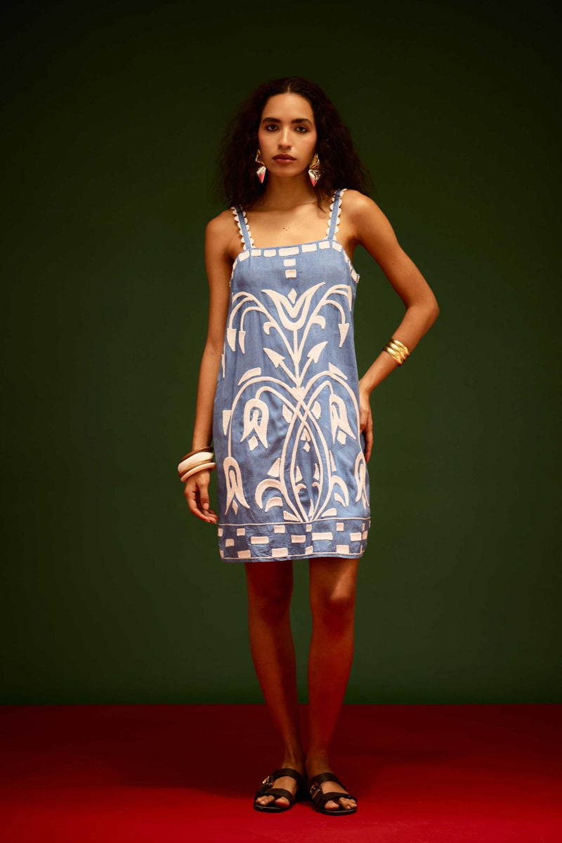 Denim Blue Strappy Cotton Shift Dress With Ivory Garden Thread Embroidery Buy Denim Blue Strappy Cotton Shift Dress With Ivory Garden Thread Embroidery from C&W | Dresses for Women by Indian Summer Story in blue color for women in Singapore