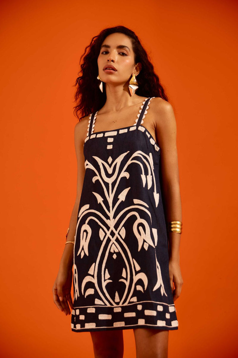 Midnight Blue Strappy Denim Shift Dress With Ivory Garden Thread Embroidery Buy Midnight Blue Strappy Denim Shift Dress With Ivory Garden Thread Embroidery from C&W | Dresses for Women by Indian Summer Story in blue color for women in Singapore