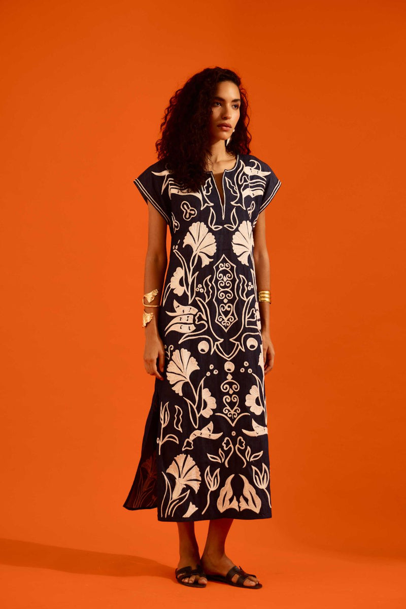 Blue Denim Maxi Dress With Ivory Garden Thread Embroidery Buy Blue Denim Maxi Dress With Ivory Garden Thread Embroidery from C&W | Dresses for Women by Indian Summer Story in blue color for women in Singapore