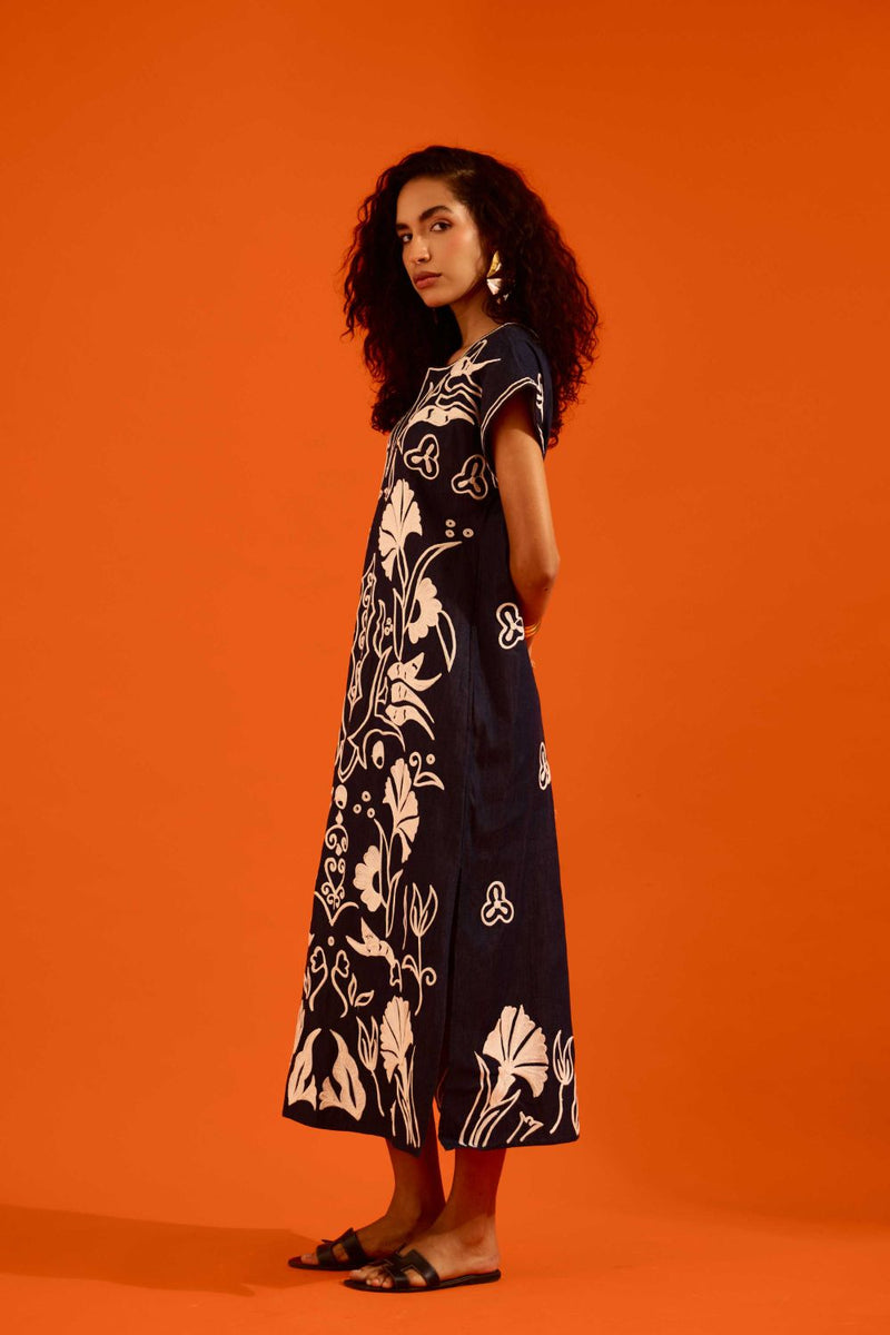 Blue Denim Maxi Dress With Ivory Garden Thread Embroidery Buy Blue Denim Maxi Dress With Ivory Garden Thread Embroidery from C&W | Dresses for Women by Indian Summer Story in blue color for women in Singapore