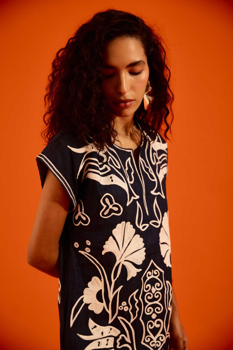Blue Denim Maxi Dress With Ivory Garden Thread Embroidery Buy Blue Denim Maxi Dress With Ivory Garden Thread Embroidery from C&W | Dresses for Women by Indian Summer Story in blue color for women in Singapore