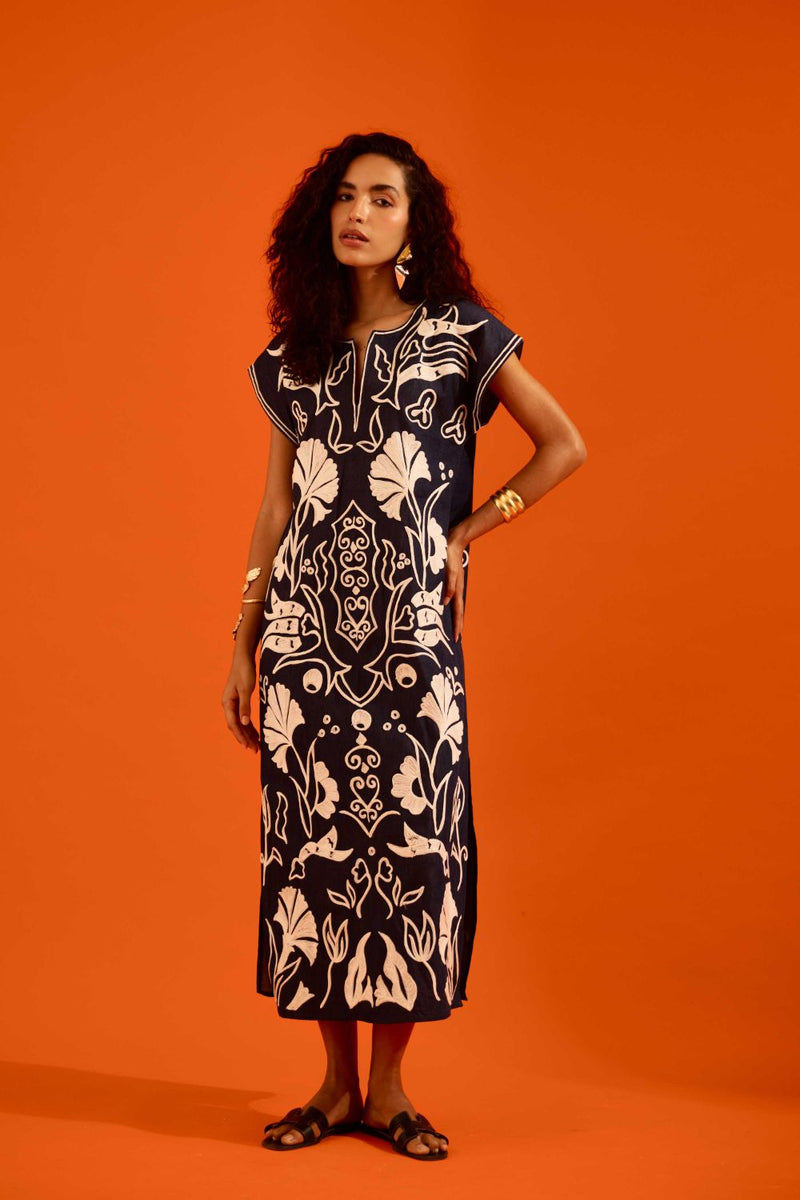 Blue Denim Maxi Dress With Ivory Garden Thread Embroidery Buy Blue Denim Maxi Dress With Ivory Garden Thread Embroidery from C&W | Dresses for Women by Indian Summer Story in blue color for women in Singapore