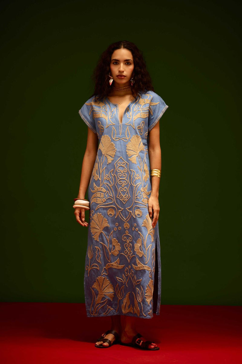 Denim Blue Cotton Maxi Dress With Orange Garden Thread Embroidery Buy Denim Blue Cotton Maxi Dress With Orange Garden Thread Embroidery from C&W | Dresses for Women by Indian Summer Story in blue color for women in Singapore