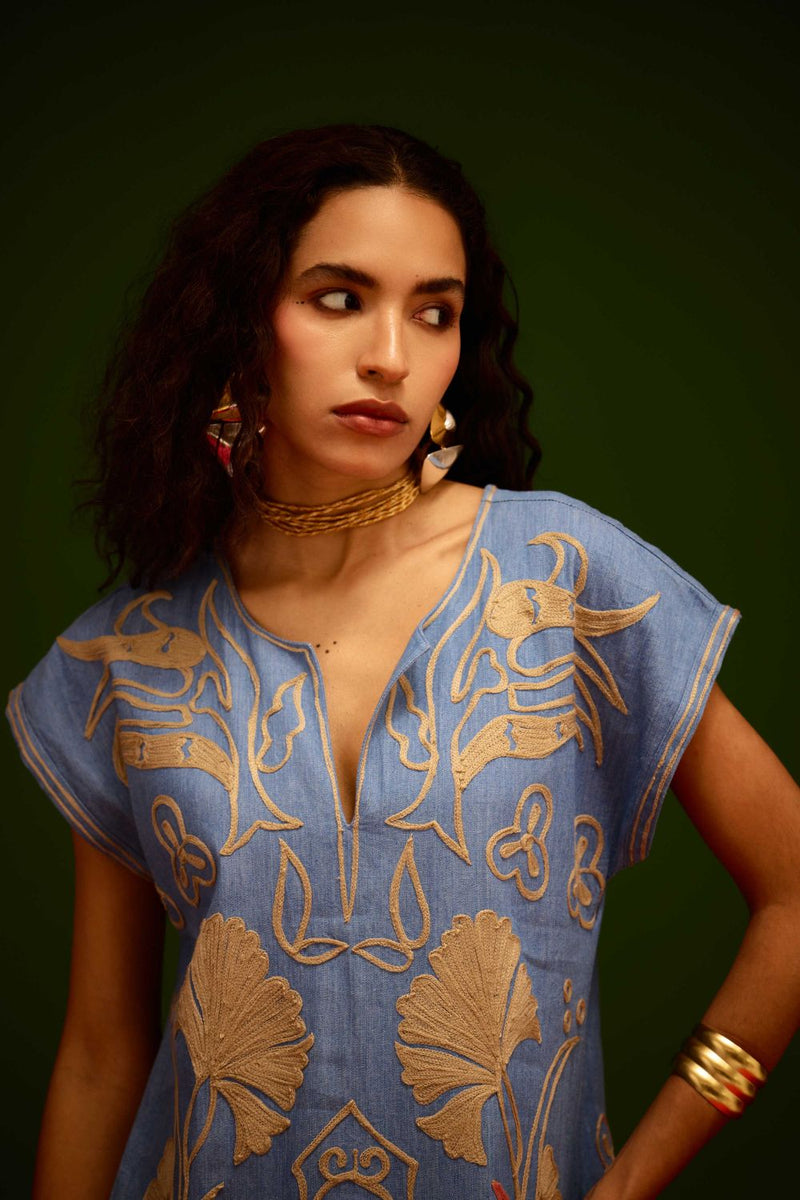 Denim Blue Cotton Maxi Dress With Orange Garden Thread Embroidery Buy Denim Blue Cotton Maxi Dress With Orange Garden Thread Embroidery from C&W | Dresses for Women by Indian Summer Story in blue color for women in Singapore