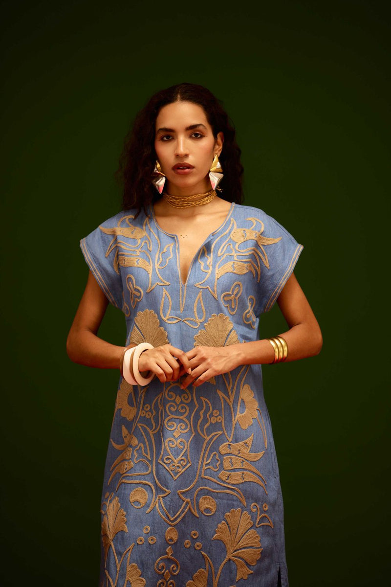 Denim Blue Cotton Maxi Dress With Orange Garden Thread Embroidery Buy Denim Blue Cotton Maxi Dress With Orange Garden Thread Embroidery from C&W | Dresses for Women by Indian Summer Story in blue color for women in Singapore