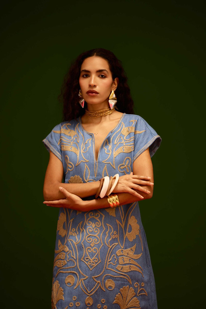 Denim Blue Cotton Maxi Dress With Orange Garden Thread Embroidery Buy Denim Blue Cotton Maxi Dress With Orange Garden Thread Embroidery from C&W | Dresses for Women by Indian Summer Story in blue color for women in Singapore