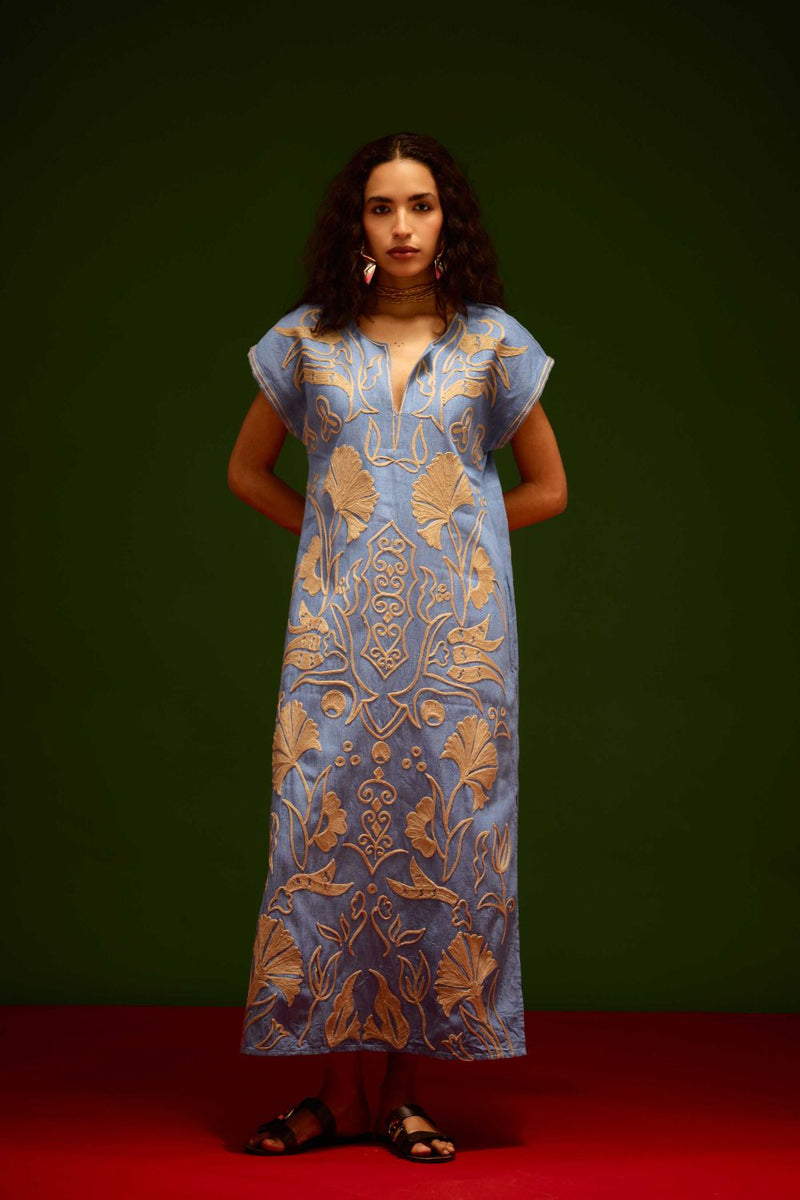 Denim Blue Cotton Maxi Dress With Orange Garden Thread Embroidery Buy Denim Blue Cotton Maxi Dress With Orange Garden Thread Embroidery from C&W | Dresses for Women by Indian Summer Story in blue color for women in Singapore