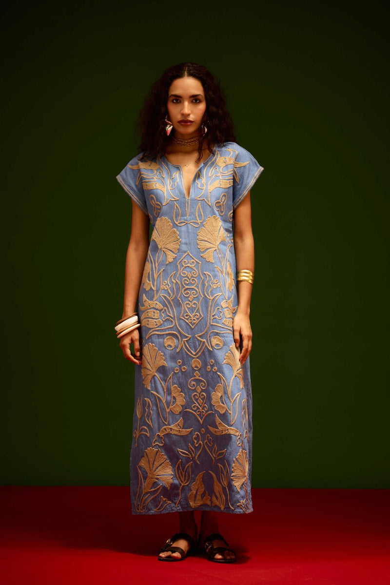 Denim Blue Cotton Maxi Dress With Orange Garden Thread Embroidery Buy Denim Blue Cotton Maxi Dress With Orange Garden Thread Embroidery from C&W | Dresses for Women by Indian Summer Story in blue color for women in Singapore