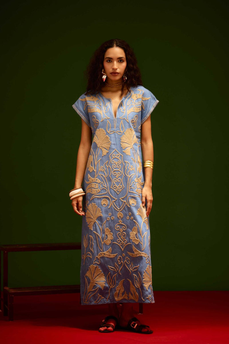 Denim Blue Cotton Maxi Dress With Orange Garden Thread Embroidery Buy Denim Blue Cotton Maxi Dress With Orange Garden Thread Embroidery from C&W | Dresses for Women by Indian Summer Story in blue color for women in Singapore