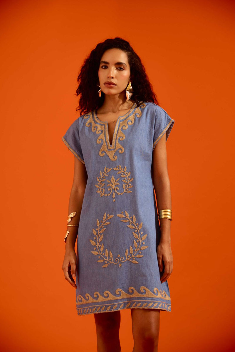 Denim Blue Cotton Shift Dress With Natural Wave Thread Embroidery Buy Denim Blue Cotton Shift Dress With Natural Wave Thread Embroidery from C&W | Dresses for Women by Indian Summer Story in blue color for women in Singapore