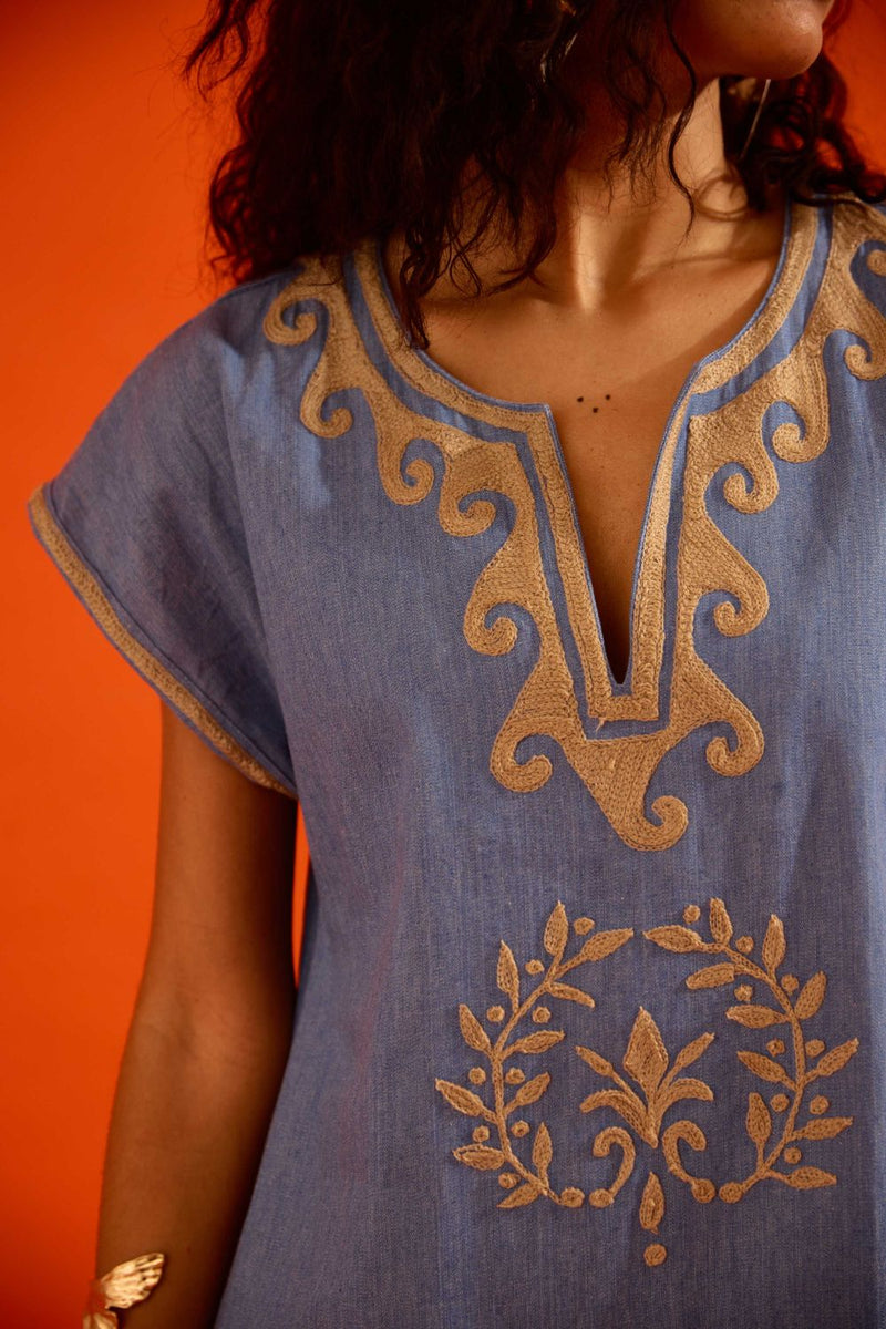 Denim Blue Cotton Shift Dress With Natural Wave Thread Embroidery Buy Denim Blue Cotton Shift Dress With Natural Wave Thread Embroidery from C&W | Dresses for Women by Indian Summer Story in blue color for women in Singapore