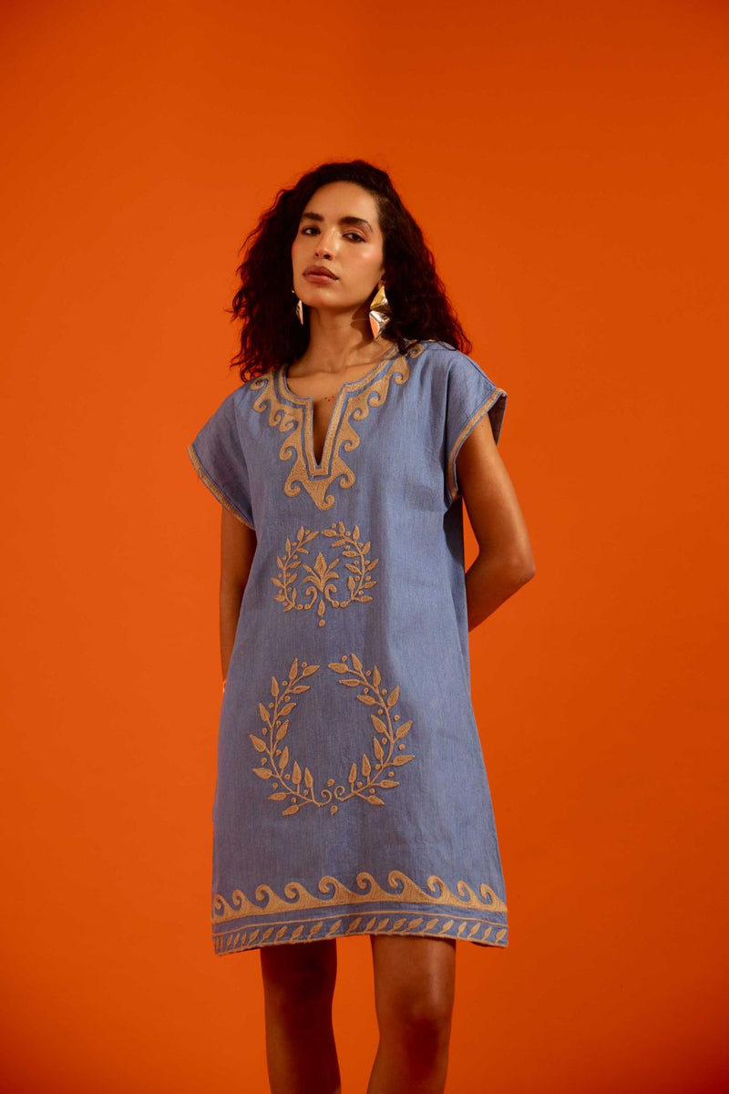 Denim Blue Cotton Shift Dress With Natural Wave Thread Embroidery Buy Denim Blue Cotton Shift Dress With Natural Wave Thread Embroidery from C&W | Dresses for Women by Indian Summer Story in blue color for women in Singapore