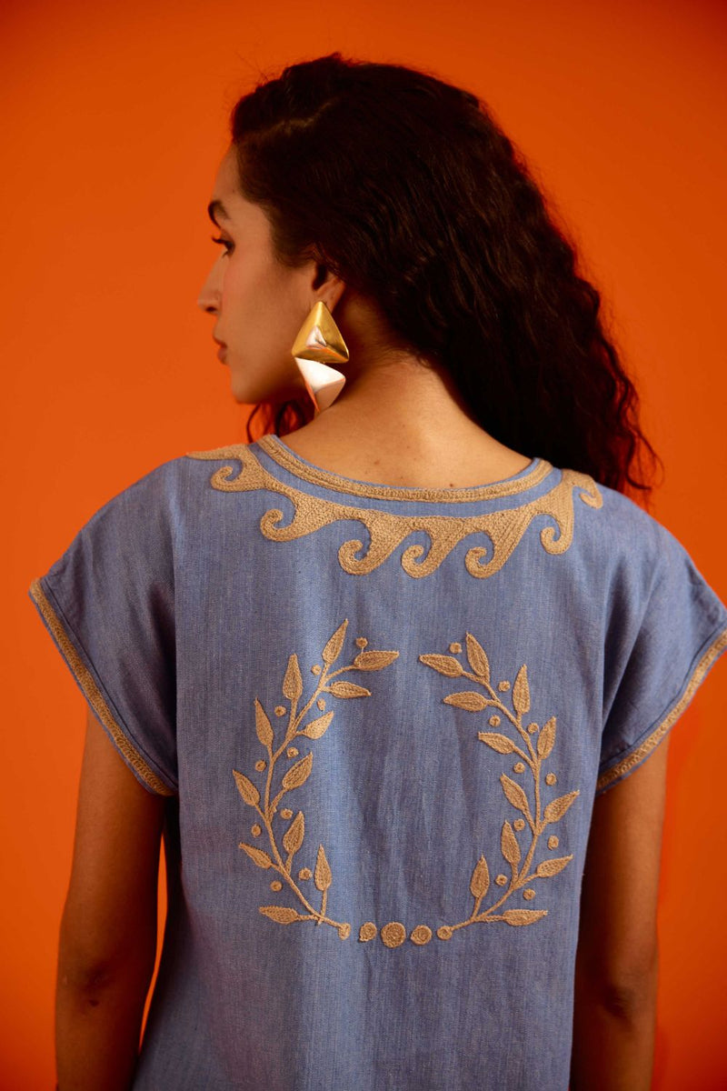 Denim Blue Cotton Shift Dress With Natural Wave Thread Embroidery Buy Denim Blue Cotton Shift Dress With Natural Wave Thread Embroidery from C&W | Dresses for Women by Indian Summer Story in blue color for women in Singapore