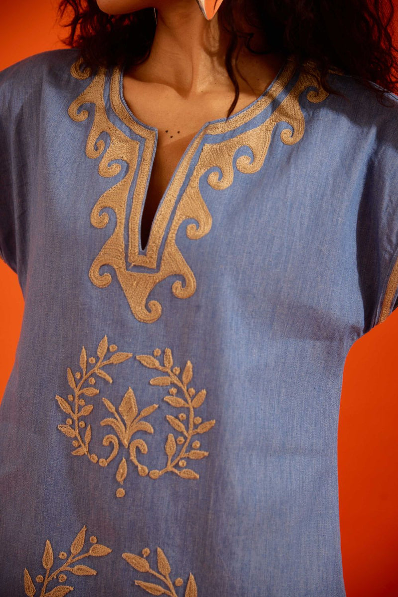 Denim Blue Cotton Shift Dress With Natural Wave Thread Embroidery Buy Denim Blue Cotton Shift Dress With Natural Wave Thread Embroidery from C&W | Dresses for Women by Indian Summer Story in blue color for women in Singapore