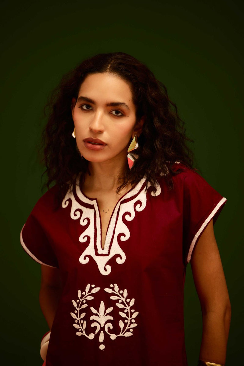 Burgundy Wine Cotton Shift Dress With Ivory Wave Thread Embroidery poplin Buy Burgundy Wine Cotton Shift Dress With Ivory Wave Thread Embroidery from C&W | Dresses for Women by Indian Summer Story for women in Singapore