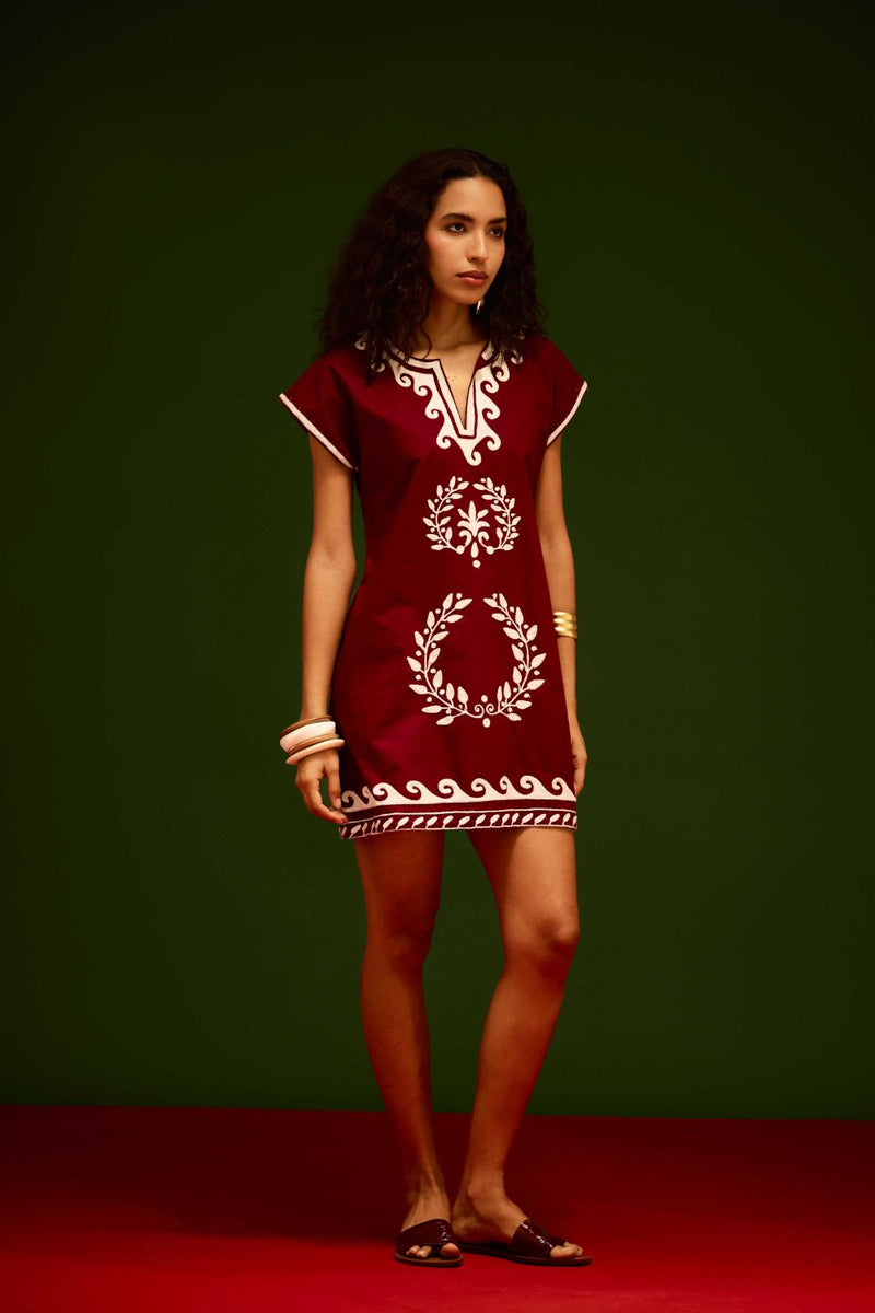 Burgundy Wine Cotton Shift Dress With Ivory Wave Thread Embroidery poplin Buy Burgundy Wine Cotton Shift Dress With Ivory Wave Thread Embroidery from C&W | Dresses for Women by Indian Summer Story for women in Singapore