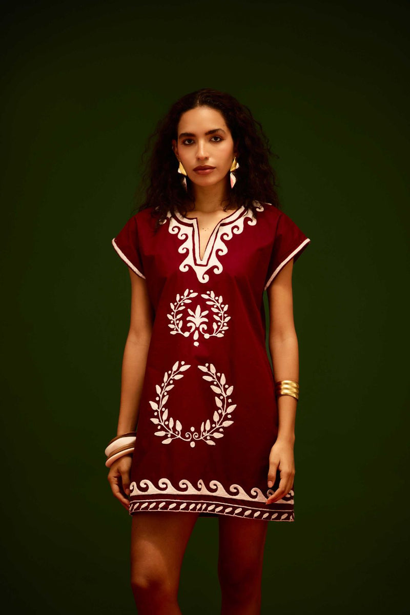 Burgundy Wine Cotton Shift Dress With Ivory Wave Thread Embroidery poplin Buy Burgundy Wine Cotton Shift Dress With Ivory Wave Thread Embroidery from C&W | Dresses for Women by Indian Summer Story for women in Singapore