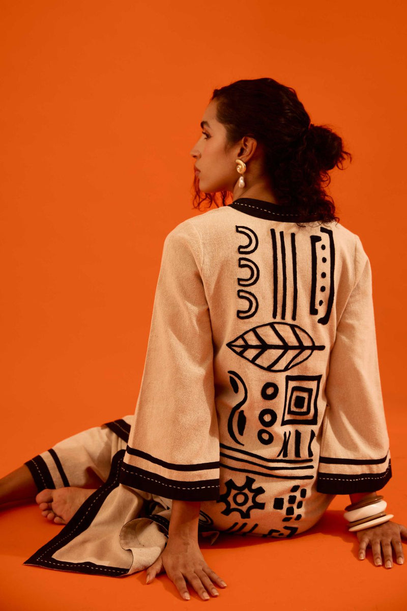 Natural Jute Tunic Set With Black Thread Embroidery