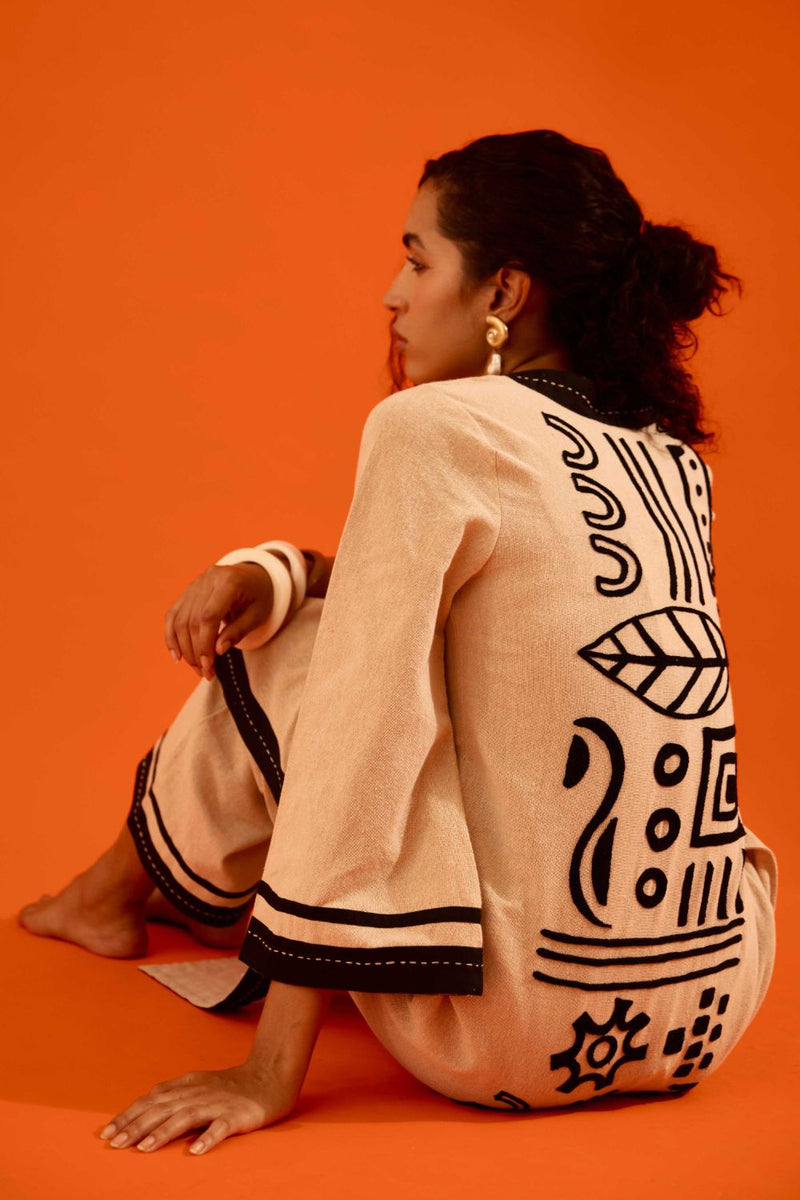 Natural Jute Tunic Set With Black Thread Embroidery