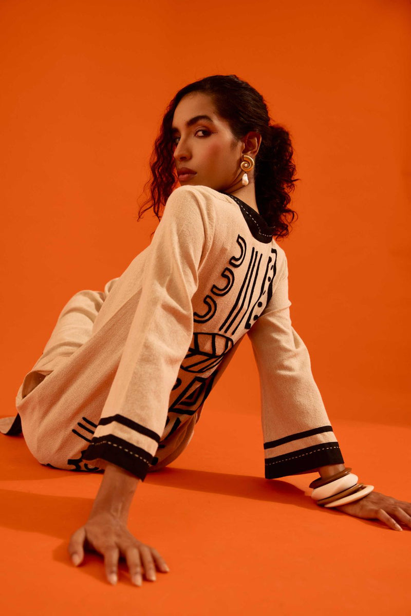 Natural Jute Tunic Set With Black Thread Embroidery