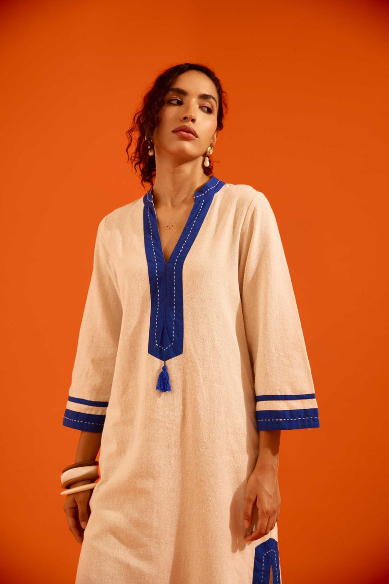 Natural Jute Tunic Set With Indigo Blue Thread Embroidery