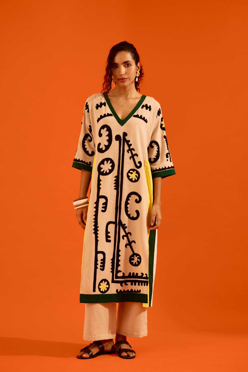 Natural Jute Thread Embroidered Tunic Set With Multi Color Maasai Motif (TRI-AW-039)