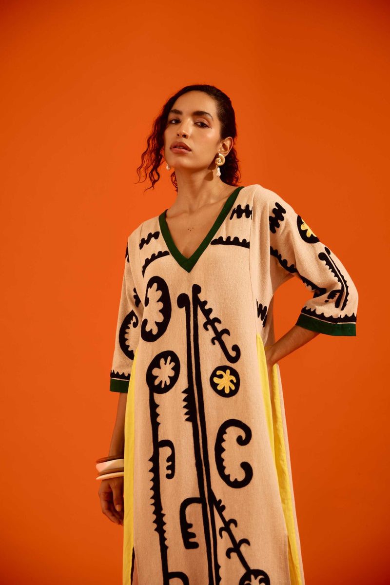 Natural Jute Thread Embroidered Tunic Set With Multi Color Maasai Motif (TRI-AW-039)