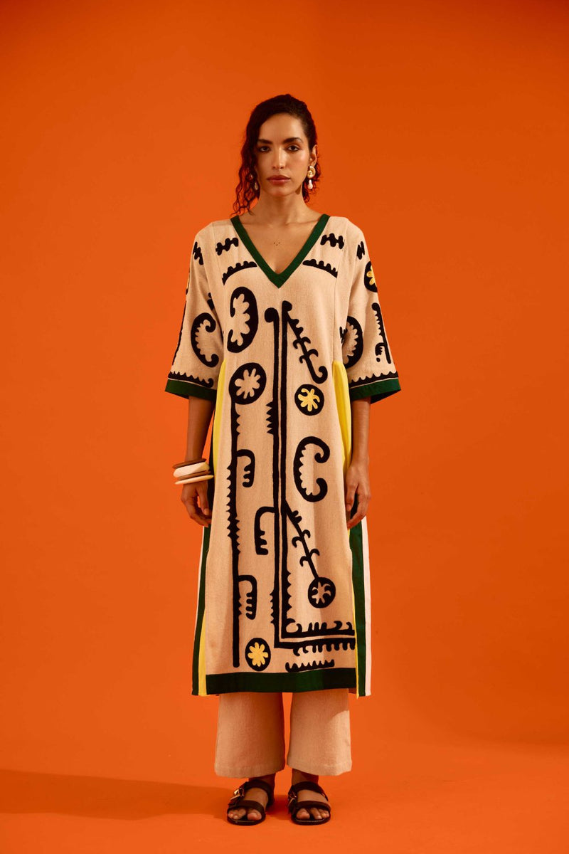 Natural Jute Thread Embroidered Tunic Set With Multi Color Maasai Motif (TRI-AW-039)