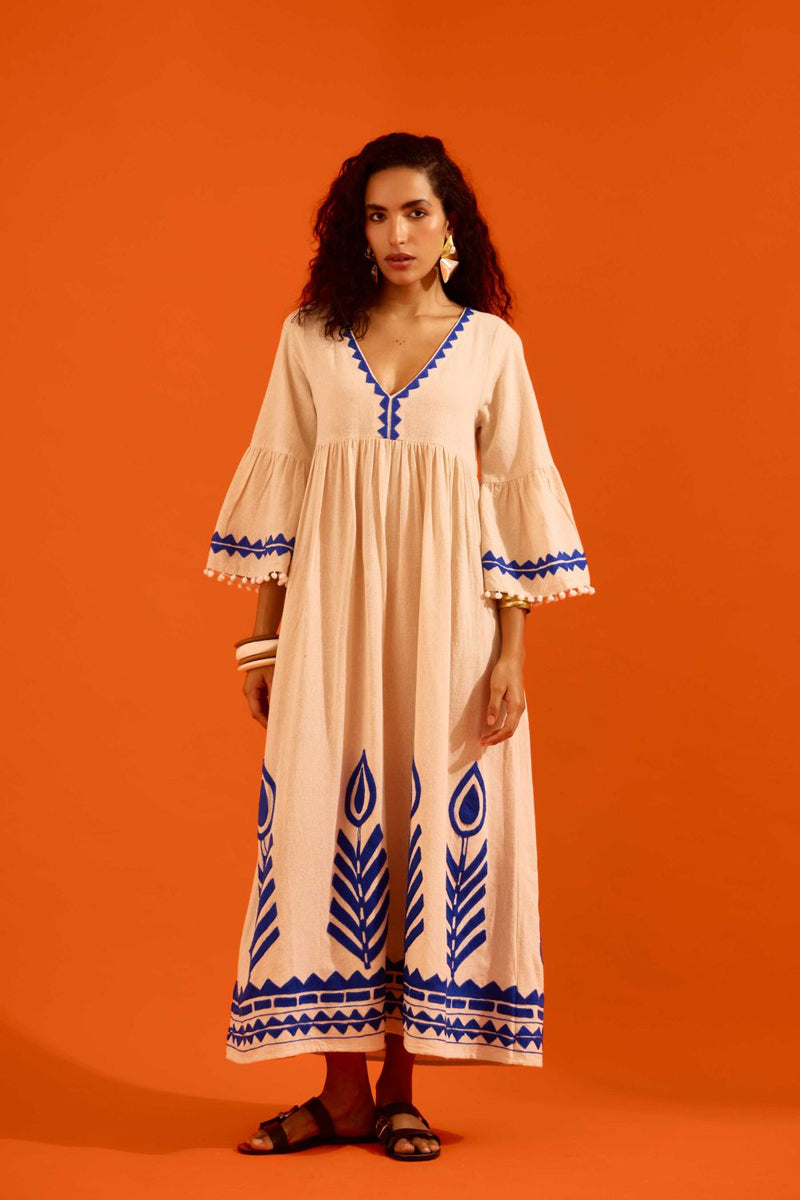Natural Jute Maxi Dress With Indigo Petal Thread Embroidery Buy Natural Jute Maxi Dress With Indigo Petal Thread Embroidery from C&W | Dresses for Women by Indian Summer Story in beige color for women in Singapore