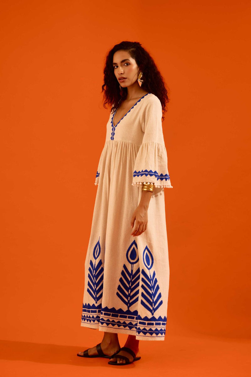 Natural Jute Maxi Dress With Indigo Petal Thread Embroidery Buy Natural Jute Maxi Dress With Indigo Petal Thread Embroidery from C&W | Dresses for Women by Indian Summer Story in beige color for women in Singapore