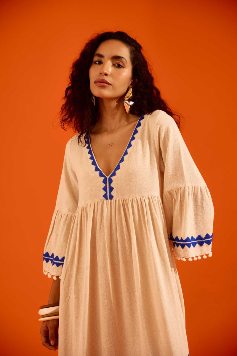 Natural Jute Maxi Dress With Indigo Petal Thread Embroidery Buy Natural Jute Maxi Dress With Indigo Petal Thread Embroidery from C&W | Dresses for Women by Indian Summer Story in beige color for women in Singapore