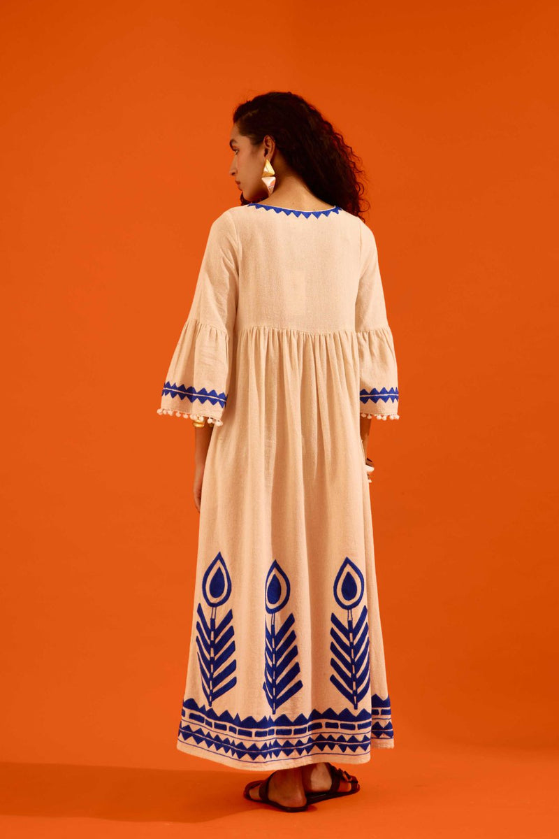 Natural Jute Maxi Dress With Indigo Petal Thread Embroidery Buy Natural Jute Maxi Dress With Indigo Petal Thread Embroidery from C&W | Dresses for Women by Indian Summer Story in beige color for women in Singapore