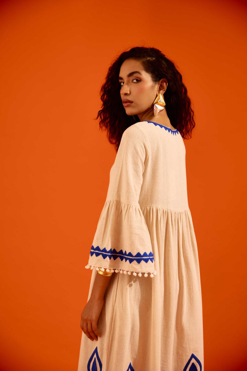 Natural Jute Maxi Dress With Indigo Petal Thread Embroidery Buy Natural Jute Maxi Dress With Indigo Petal Thread Embroidery from C&W | Dresses for Women by Indian Summer Story in beige color for women in Singapore