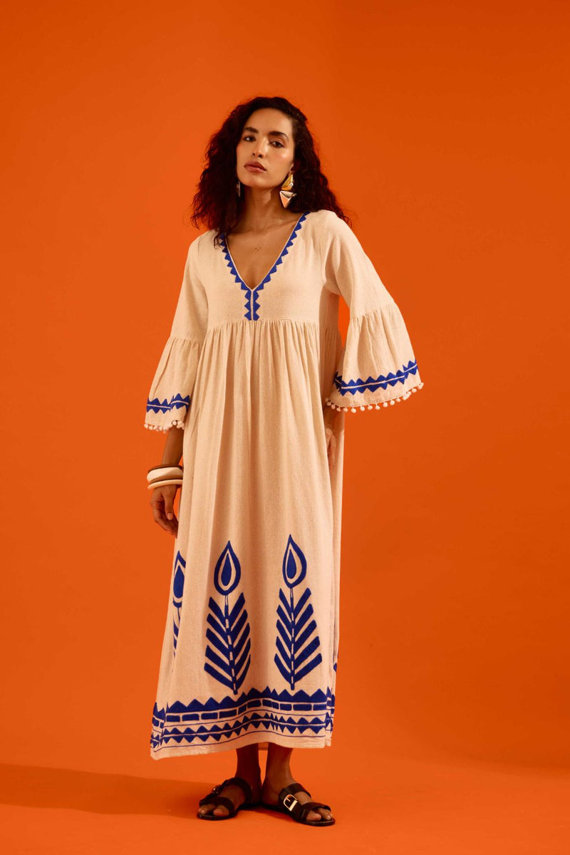 Natural Jute Maxi Dress With Indigo Petal Thread Embroidery Buy Natural Jute Maxi Dress With Indigo Petal Thread Embroidery from C&W | Dresses for Women by Indian Summer Story in beige color for women in Singapore