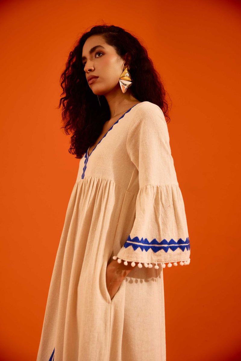 Natural Jute Maxi Dress With Indigo Petal Thread Embroidery Buy Natural Jute Maxi Dress With Indigo Petal Thread Embroidery from C&W | Dresses for Women by Indian Summer Story in beige color for women in Singapore