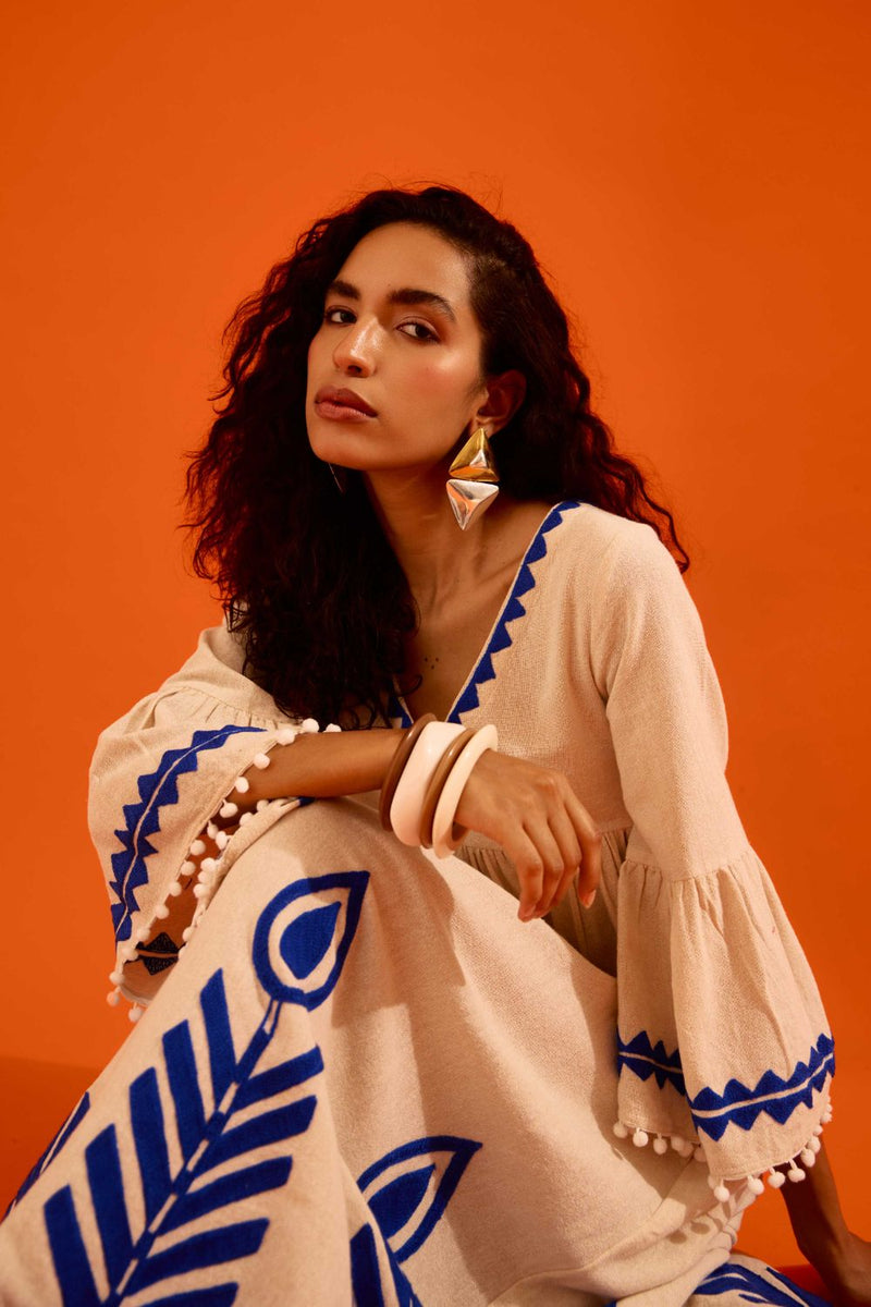 Natural Jute Maxi Dress With Indigo Petal Thread Embroidery Buy Natural Jute Maxi Dress With Indigo Petal Thread Embroidery from C&W | Dresses for Women by Indian Summer Story in beige color for women in Singapore