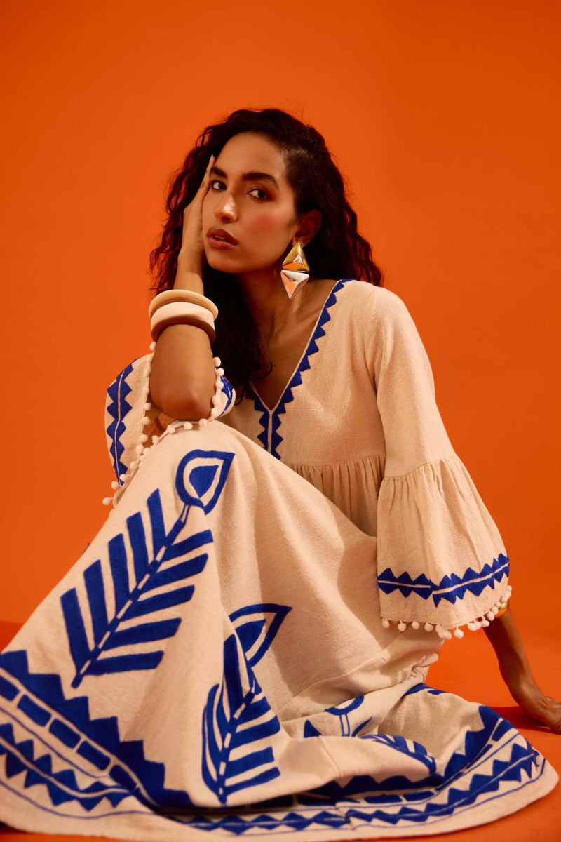 Natural Jute Maxi Dress With Indigo Petal Thread Embroidery Buy Natural Jute Maxi Dress With Indigo Petal Thread Embroidery from C&W | Dresses for Women by Indian Summer Story in beige color for women in Singapore