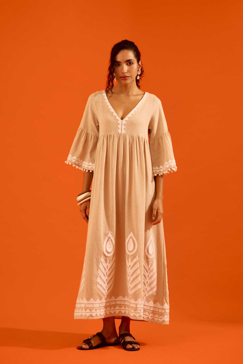 Natural Jute Maxi Dress With Ivory Petal Thread Embroidery Buy Natural Jute Maxi Dress With Ivory Petal Thread Embroidery from C&W | Dresses for Women by Indian Summer Story in beige color for women in Singapore