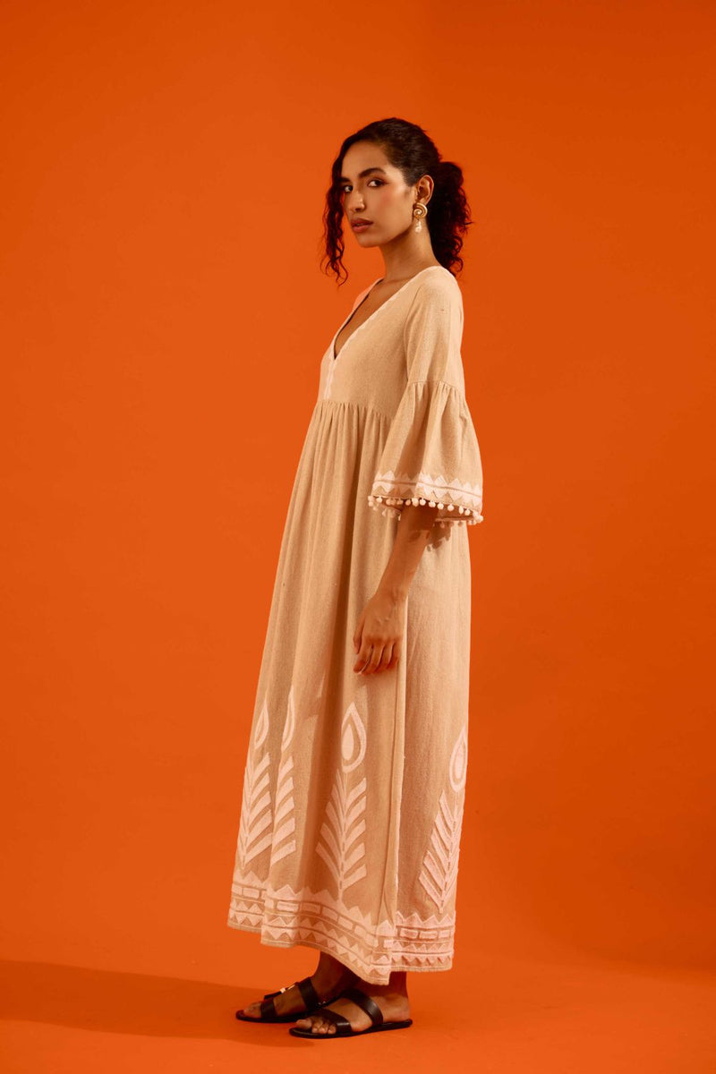 Natural Jute Maxi Dress With Ivory Petal Thread Embroidery Buy Natural Jute Maxi Dress With Ivory Petal Thread Embroidery from C&W | Dresses for Women by Indian Summer Story in beige color for women in Singapore