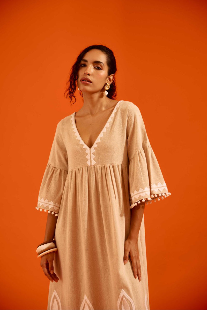 Natural Jute Maxi Dress With Ivory Petal Thread Embroidery Buy Natural Jute Maxi Dress With Ivory Petal Thread Embroidery from C&W | Dresses for Women by Indian Summer Story in beige color for women in Singapore
