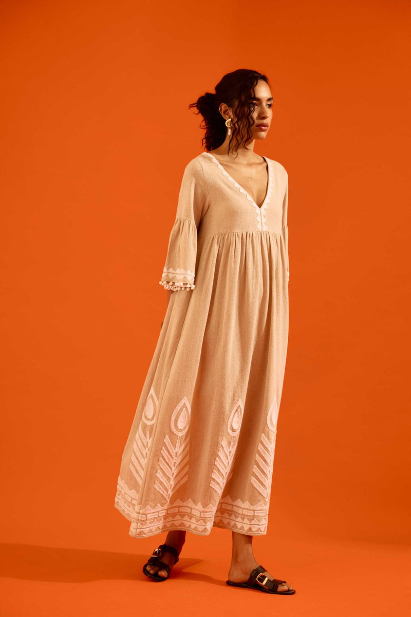 Natural Jute Maxi Dress With Ivory Petal Thread Embroidery Buy Natural Jute Maxi Dress With Ivory Petal Thread Embroidery from C&W | Dresses for Women by Indian Summer Story in beige color for women in Singapore