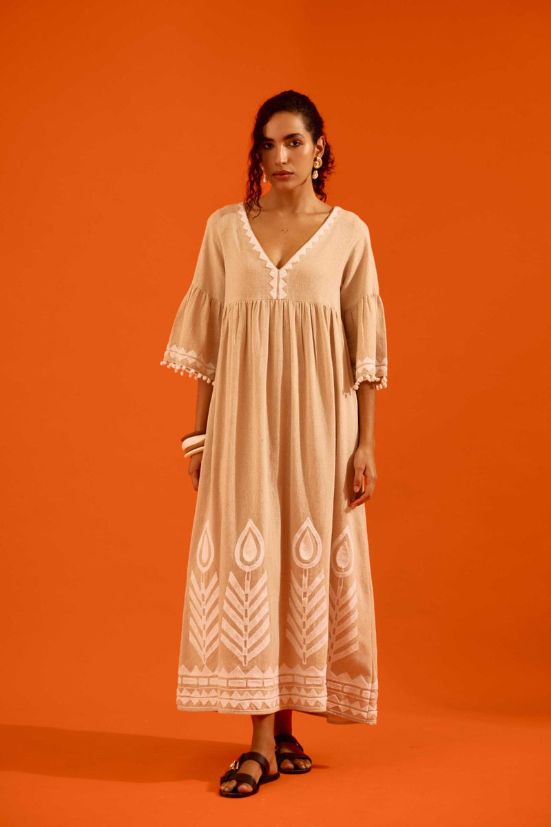 Natural Jute Maxi Dress With Ivory Petal Thread Embroidery Buy Natural Jute Maxi Dress With Ivory Petal Thread Embroidery from C&W | Dresses for Women by Indian Summer Story in beige color for women in Singapore