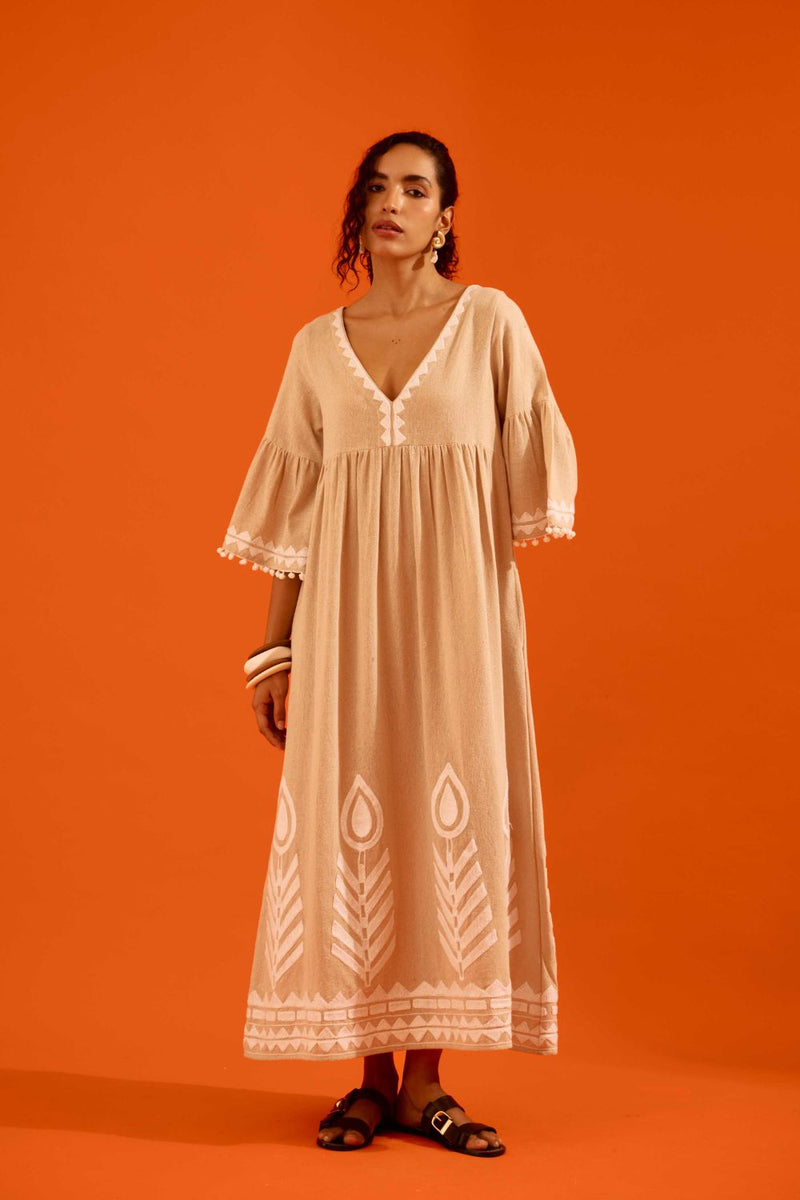 Natural Jute Maxi Dress With Ivory Petal Thread Embroidery Buy Natural Jute Maxi Dress With Ivory Petal Thread Embroidery from C&W | Dresses for Women by Indian Summer Story in beige color for women in Singapore